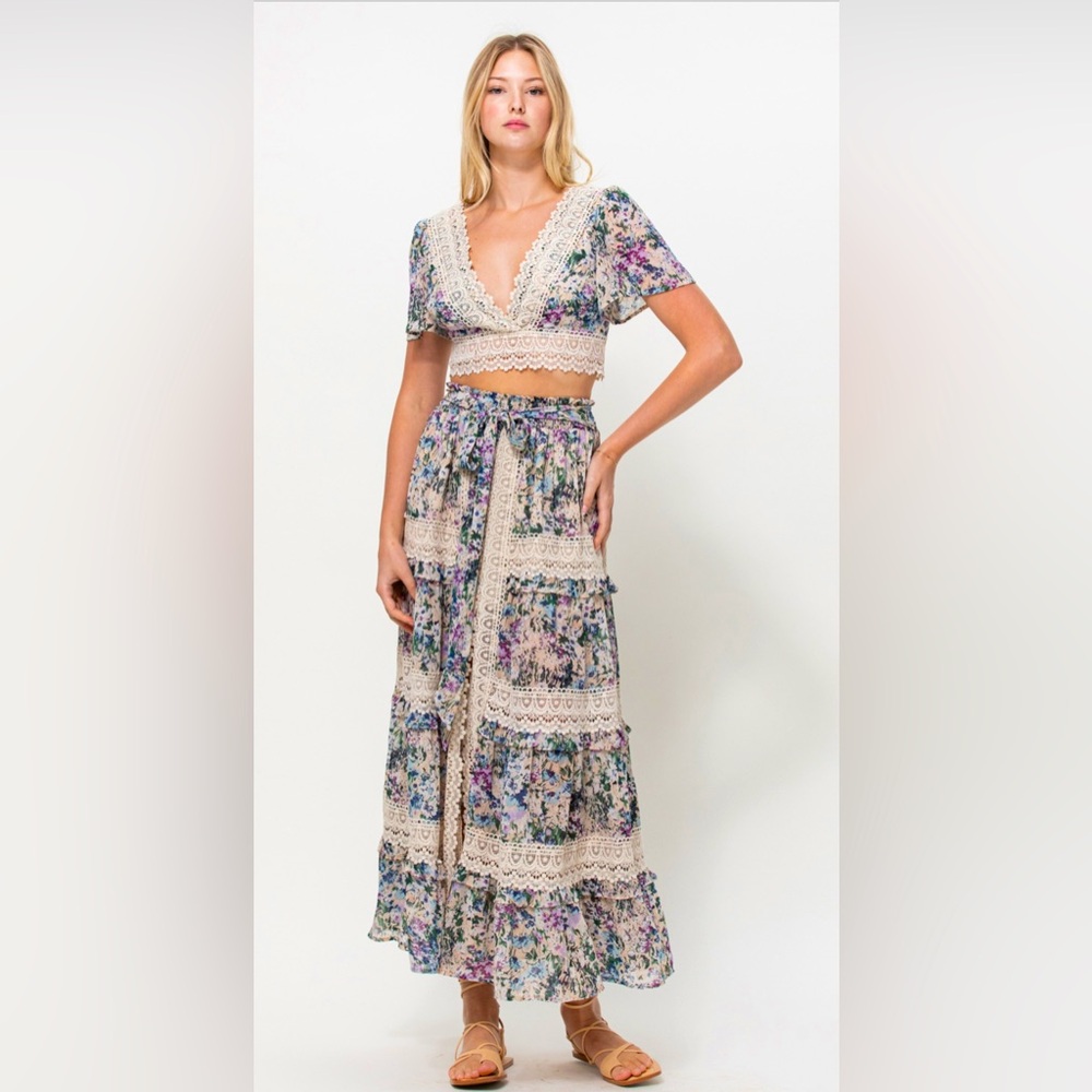 Clothing Company Floral Lace Maxi Skirt and Crop Top Set - Picture 2 of 3